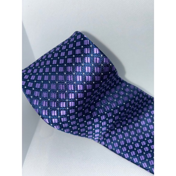 Michael Kors Mens Purple Navy Blue Geometric Square Silk Necktie Accessory - Picture 2 of 7
